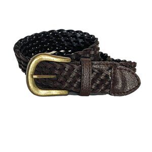 Vintage Woven Braided Leather Belt Brown Gold Brass Tone Buckle Preppy